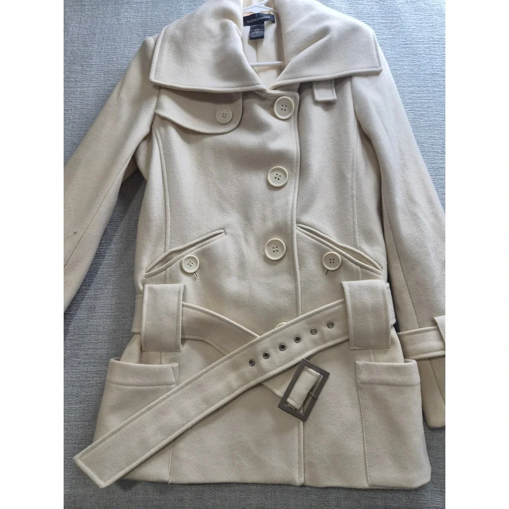 Moda International Belted Pea Coat Women Small Beige Wool Double Breasted Winter